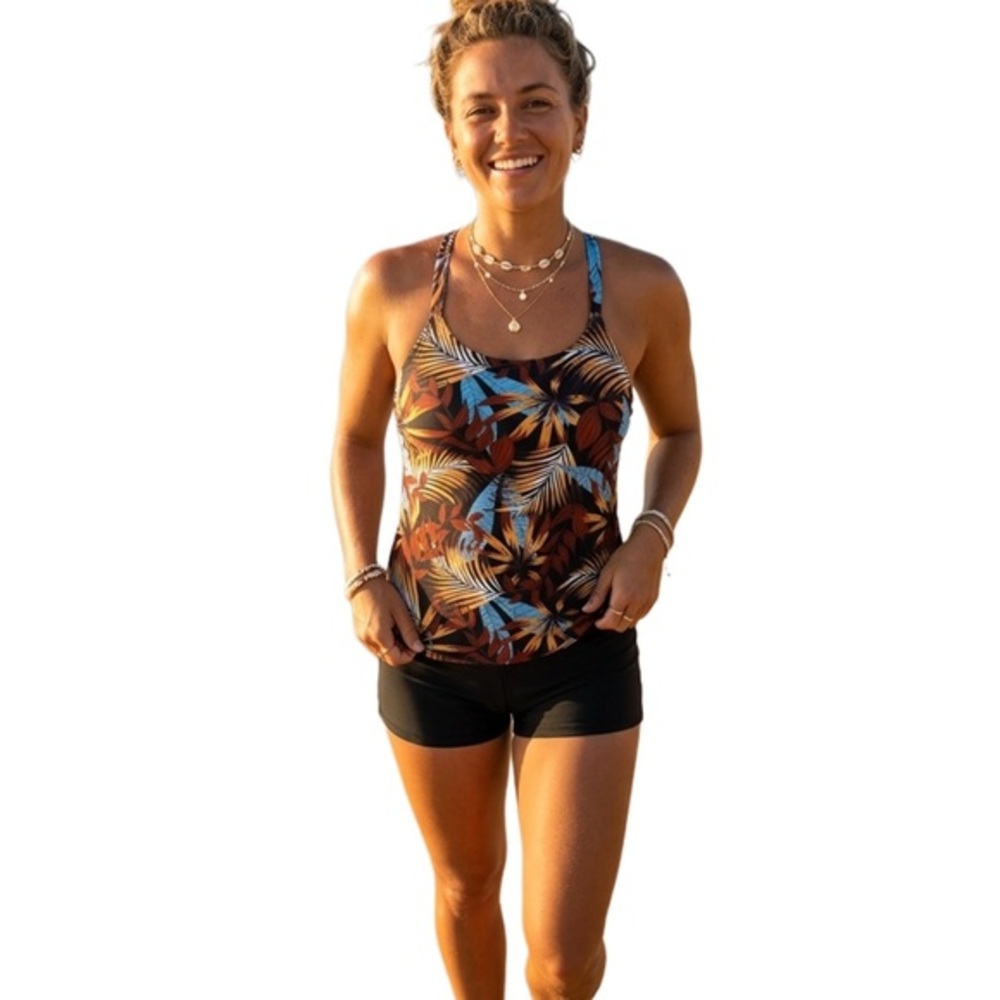 Tropical Leaf Print Tankini Top with Black Boy Shorts Size Large
